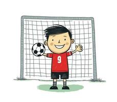 Soccer goalkeeper keeping goal vector illustration, cartoon kids hand-drawn style. children playing soccer