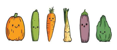 Cute vegetables set vector, vegetable characters with face. cartoon hand drawn vegetables collection. vegetables including carrot, leeks, pumpkin, brinjal, cucumber, etc. vector