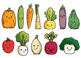linda vegetales conjunto vector, vegetales con rostro, dibujos animados mano dibujado vegetales recopilación. niños gracioso ilustración vector
