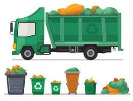 Green Garbage truck and various types of trash bin isolated on white background. garbage truck and dustbin with rubbish. Ecology and recycle concept Vector illustration.