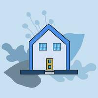 Simple house isolated vector. Blue theme color, black stroke, leaf shape background. Single urban residence vector illustration.