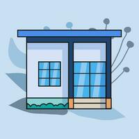 Simple house isolated vector. Blue theme color, black stroke, leaf shape background. Single urban residence vector illustration.