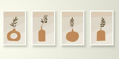 Set of minimal natural wall art in white frames. Foliage line art drawing with abstract shape composition earth tone. Art vector illustration.