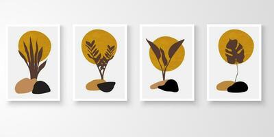 Set of wall art in white frames.Foliage line art drawing with abstract organic shape composition earth tone. Moon plants stone art vector illustration.