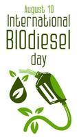 Green dispenser gun with an ecological drop of fuel. International Biodiesel Day. Template for background, banner, postcard, poster with text. Vector illustration of biofuels. Ecology. Vertical