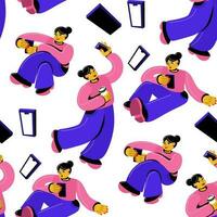 A pattern of characters of girls corresponding with someone on the phone. Online shopping with a smartphone. Emotional girls relax, communicate, work, shop with a phone in their hands on white. Rest vector