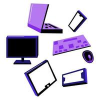 A set of isolated cute electronics elements. Collection of laptop, monitor, phone, tablet, keyboard, mouse game console. Vector illustration in a flat cartoon design in purple color scheme. Technic