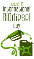 A green sign with the inscription biofuel a dispenser gun, a canister with fuel. International Biodiesel Day. Template for background, banner postcard poster with text. Vector illustration of biofuels