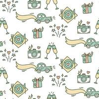 Wedding background. Seamless pattern with wedding elements to determine the arrival time of guests. Wedding symbols. Handmade cartoon wedding symbols. Contour icons with fill. Packaging vector