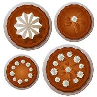 A set of different pumpkin pies on plates. Vector illustration with gradients of drain baking with cream. Pumpkin pies for Thanksgiving cards. Printing on paper and textiles