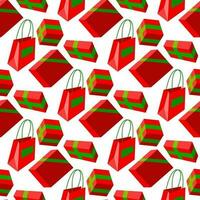 Pattern red boxes, parcels, paper bags tied with green ribbon on white background. Seamless festive, gift texture. Printing for birthday packaging, as well as the theme of discounts, promotions, sales vector