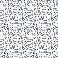 A pattern of linear arrows of different shapes and directions in a street style with a blue marker on a white background. Arrows and details, mini drawings, stars, highlights, hearts. Texture vector