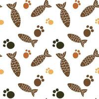 Pattern of brown fish and colored cat paws seamless pattern background, cat and fish vector illustration. Printing on textiles and packaging paper, veterinary clinic. Cartoon abstract background