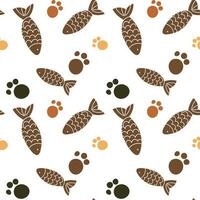 Pattern of brown fish and colored cat paws seamless pattern background, cat and fish vector illustration. Printing on textiles and packaging paper, veterinary clinic. Cartoon abstract background