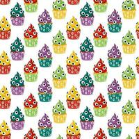 Seamless pattern of eye-catching Halloween cupcakes on a white background. Happy Halloween, scary sweets. Cartoon pattern with colored monsters with eyes. Vector illustration