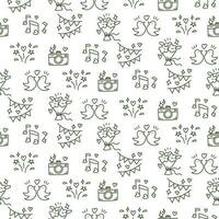 Wedding background. Seamless pattern with wedding elements to determine the arrival time of guests. Wedding symbols. Cartoon contour handmade wedding symbols on a white. Contour icons. Print vector