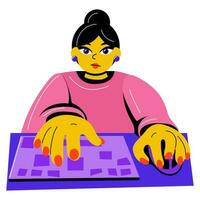 The girl is sitting and typing on the keyboard from the computer. It works with the help of a computer. A focused girl works sitting at her desk using a keyboard and mouse. The girl is sitting working vector