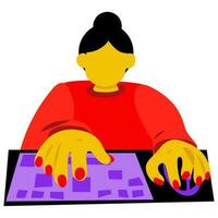 The girl is sitting and typing on the keyboard from the computer. It works with the help of a computer. The girl works sitting at her desk using a keyboard and mouse. The girl is sitting, working vector