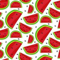 Vector illustration of a seamless pattern of watermelon slices. Summer watermelon background with seeds on a white background. Cartoon pieces of watermelon in a chaotic order. Gift packaging