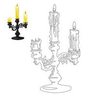 A candlestick made of a triple holder with candles in a contour style for coloring. Mini coloring book, selection of colors. Candles for divination on holders. Coloring book. Silhouette of a candle vector