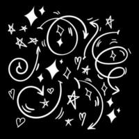 A set of twisted linear arrows of different shapes and directions in a street style with a white marker on a black background. Arrows and details, mini drawings, stars, highlights, hearts vector