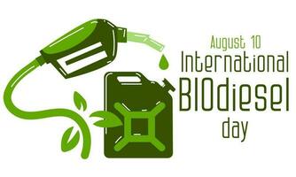 Green biofuel sign, dispenser gun, fuel canister. International Biodiesel Day. Template for background, banner, postcard, poster with text. Vector illustration of biofuels. Green theme