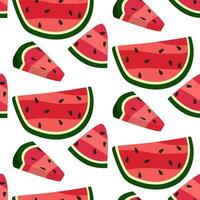 Vector illustration of a seamless pattern of watermelon slices in retro colors. Summer watermelon background with watermelon halves and quarters. Cartoon pieces of watermelon in a chaotic order