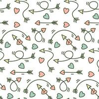 Seamless pattern with a one-line pattern of love arrows. Cupid's hearts and arrows. Pastel color spots in the background. Vector decoration for wedding and Valentine's Day. Printing on textiles, paper