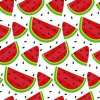 Vector illustration of a seamless pattern of watermelon slices. Summer watermelon background with seeds on a white background. Cartoon pieces of watermelon in a chaotic order. Gift packaging