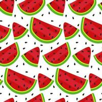 Vector illustration of a seamless pattern of watermelon slices. Summer watermelon background with seeds on a white background. Cartoon pieces of watermelon in a chaotic order. Gift packaging