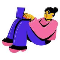 The girl is sitting and texting with someone on a laptop. It works with the help of a computer. A focused girl works sitting on the floor with a phone in her hands. The girl is sitting, working vector