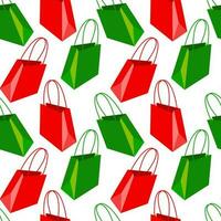 Pattern of a paper shopping bag with handles in red and green colors on a white background. Seamless festive, gift texture. Printing for birthday packaging, as well as the theme of discounts, sales vector