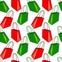 Pattern of a paper shopping bag with handles in red and green colors on a white background. Seamless festive, gift texture. Printing for birthday packaging, as well as the theme of discounts, sales vector