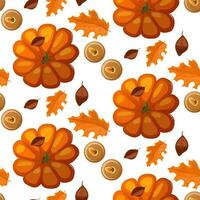 A pattern of autumn leaves, candles and pumpkins in brown and orange tones on a gray background with a shadow. Fallen leaves. Flat design. Great for creating backgrounds, clothing and editorial design vector