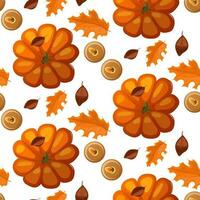 A pattern of autumn leaves, candles and pumpkins in brown and orange tones on a gray background with a shadow. Fallen leaves. Flat design. Great for creating backgrounds, clothing and editorial design vector