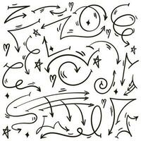 A set of linear arrows of different shapes and directions in street style with a black marker on a white background. Arrows and details, mini drawings, stars, highlights, hearts, stripes of movement vector