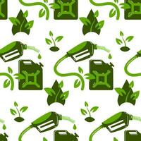 Seamless background on the theme of biodiesel, fuel in green colors. Dispenser gun, plants, drop, canister. Flat vector illustration. The pattern of the symbol of ecological refueling