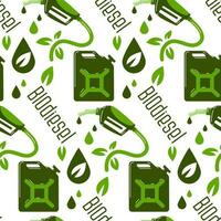 Seamless background on the theme of biodiesel, fuel in green colors. A dispenser gun, a drop with a leaf, a canister. Flat vector illustration. The pattern of the symbol of ecological refueling. Print