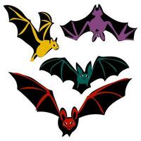 A colorful set of cartoon illustrations for animal bats. A modern drawing of a scary creature depicting vampire bats on an isolated background. Animal decoration for Halloween or wildlife graphics vector