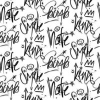 A pattern of inscriptions in a modern graffiti style. Inscriptions, the words smile, bomb, hate, king. Background with fashionable vector texts illustration on a white background. Texture with street