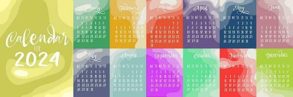 Vector calendar template for 2024 in the style of Layers, A set of desktop calendars for 2024, planner design, The beginning of the week on Sunday, Calendar template set of 12 months