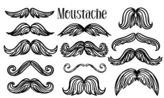 un conjunto de gráfico íconos con un hipster Bigote en el grunge estilo. un grande colección de bigotes con un lineal textura. vector ilustración, elementos para toppers para un día festivo, un foto disparar Barbero