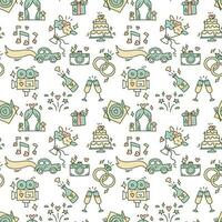 Wedding background. Seamless pattern with wedding items for timing guests. Wedding symbols. Cartoon hand-made wedding symbols on a white background. Contour icons with a delicate color. Packaging vector