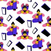 A pattern of characters of girls corresponding with someone on the phone. Online shopping with a smartphone. Emotional girls relax, communicate, work, shop with a phone in their hands on white. Rest vector