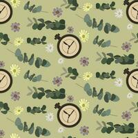 A pattern with vintage watches and dry flowers on a green background. Retro pattern with vintage technique and daisies. Texture for use in printing vector