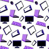 A pattern of cute electronics elements. Seamless pattern of chaotic laptop, monitor, phone, tablet, keyboard, mouse game console. Vector texture in a flat cartoon design in purple color scheme Technic