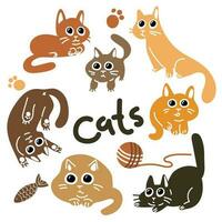 A set of vector drawings of cute cats. A collection of cartoon character designs with cats in a flat style in different poses and colors. A set of funny pets isolated on a white background Charismatic