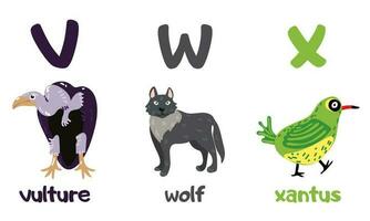 English alphabet with a set of vector illustrations of cute animals. A group of isolated uppercase letters with animals. Children's font for children ABC book symbols pack. Vulture, wolf, xantus