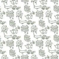 Wedding background. Seamless pattern with wedding elements to determine the arrival time of guests. Cartoon contour handmade wedding symbols on a white. Contour icons, dark outline. Printing on paper vector