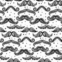 A pattern of graphic icons with a hipster mustache in the grunge style. A large collection of mustaches with linear texture and dot decor. Vector illustration. For printing on textiles and paper